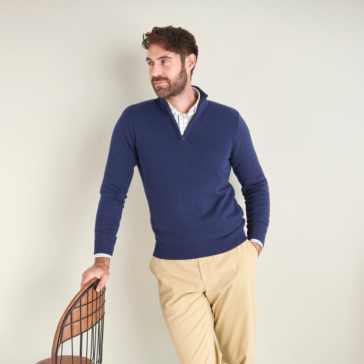 Quarter-Zip Knitted Jumper - Navy - Lifestyle Front