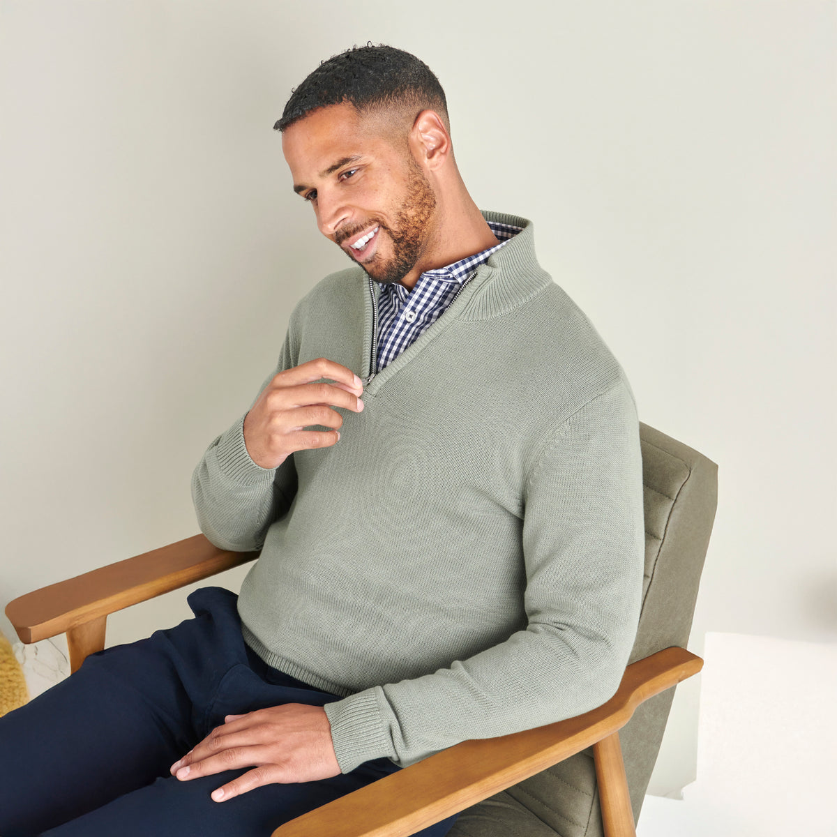 Quarter-Zip Knitted Jumper - Olive - Lifestyle Front